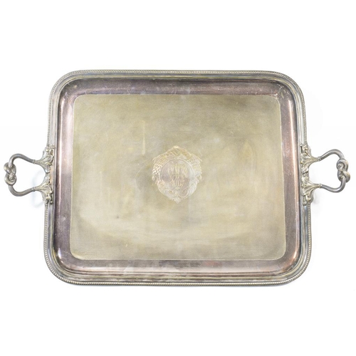 76 - AN EPNS TEA TRAY WITH KNOT HANDLES, ENGINE TURNED, 76CM OVER HANDLES, LATE 19TH C