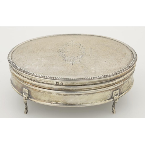 88 - A GEORGE V OVAL SILVER TRINKET BOX, PLUSH LINED, 13CM W, MARKS RUBBED, BIRMINGHAM 1921