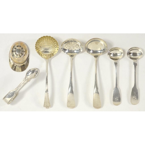 98 - A GEORGE V SILVER SUGAR SIFTER AND A MATCHING CREAM LADLE, OLD ENGLISH PATTERN, SHEFFIELD 1934, ANOT... 