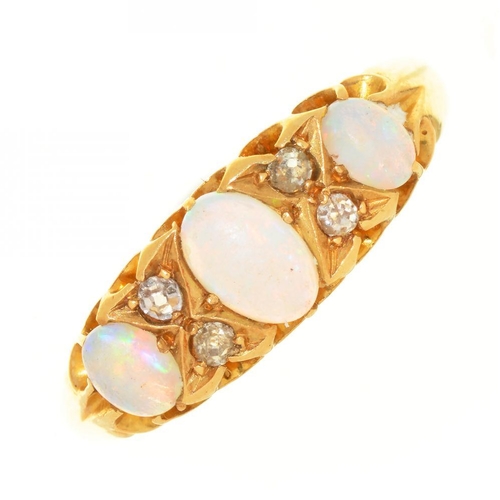 105 - AN EDWARDIAN OPAL AND DIAMOND RING, IN 18CT GOLD, CHESTER 1906, 3.5G, SIZE P