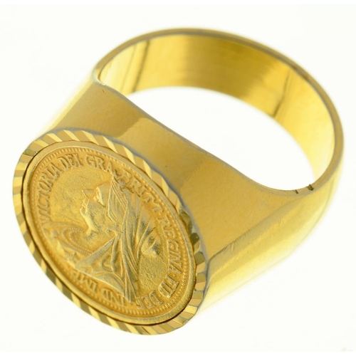 114 - A GOLD SIGNET RING, UNMARKED, 22.5G, SIZE X