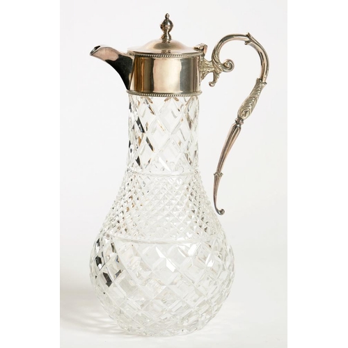 126 - AN ELIZABETH II SILVER MOUNTED CUT GLASS CLARET JUG, 29 CM H, LONDON 1975