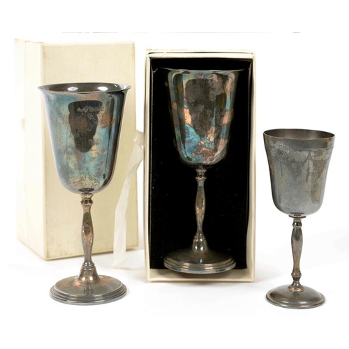 133 - A PAIR OF ELIZABETH II SILVER GOBLETS, 17.5 CM H, BIRMINGHAM 1973, CASED AND ONE OTHER, 16 CM H, BIR... 