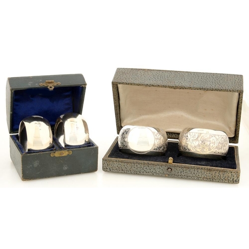 165 - TWO PAIRS OF GEORGE V SILVER NAPKIN RINGS, BIRMINGHAM 1911 AND 1923, CASED, 2OZS 8DWTS