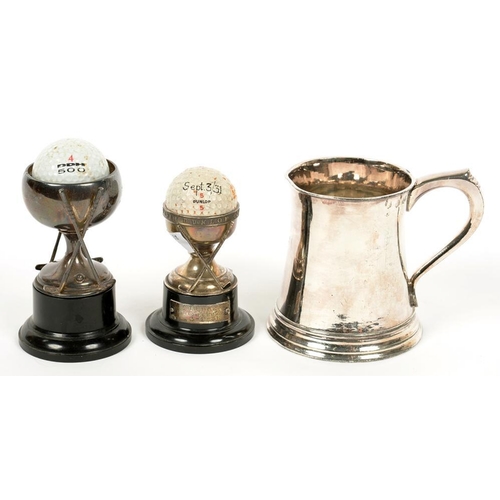 166 - TWO GEORGE V SILVER GOLFING TROPHIES, LARGEST 7 CM H, BIRMINGHAM 1929 AND 1931 AND A SILVER GLASS BO... 