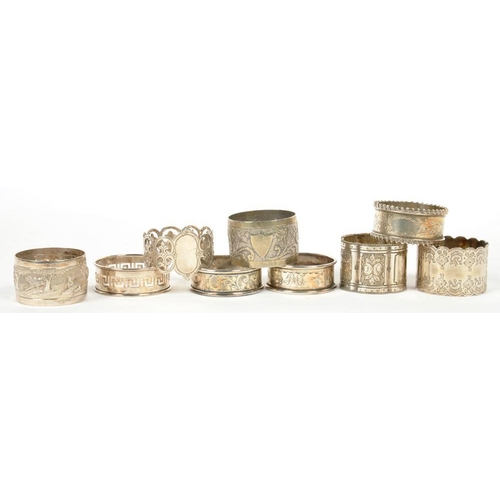 170 - SIX VARIOUS SILVER NAPKIN RINGS, EDWARD VII AND LATER, 3OZS AND THREE PLATED NAPKIN RINGS (9)