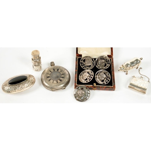 173 - MISCELLANEOUS SILVER ARTICLES, INCLUDING FIVE PIERCED SILVER BUTTONS, A NOVELTY PIG VESTA CASE, ETC,... 