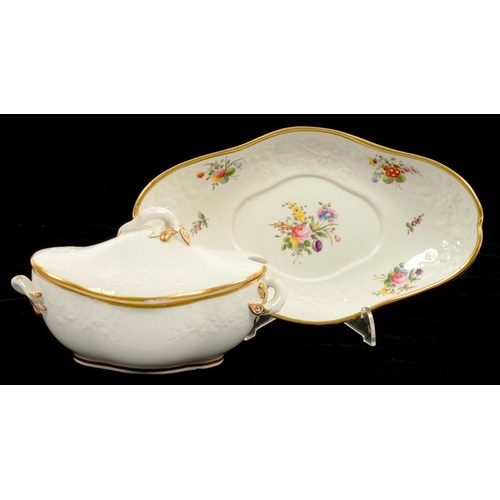 208 - A SPODE MOULDED BONE CHINA SAUCE TUREEN, COVER AND A STAND, WITH GILT HANDLES, THE STAND PAINTED WIT... 