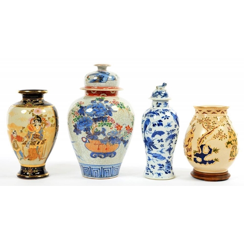 316 - A CHINESE BLUE AND WHITE EARTHENWARE VASE AND COVER, 20TH C, KANGXI MARK, A SATSUMA VASE AND TWO OTH... 