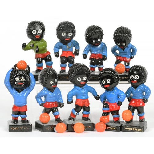 376 - A ROBERTSON'S GOLLY FOOTBALL TEAM OF PAINTED PLASTIC, 6.5CM H AND CIRCA (9)