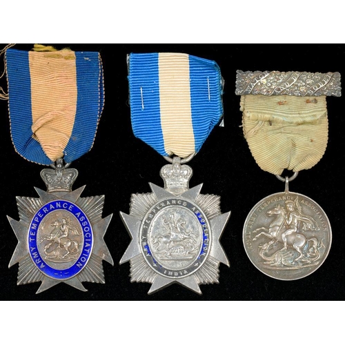 380 - ONE SILVER AND TWO SILVER AND ENAMEL MEDALS OF THE ARMY TEMPERANCE ASSOCIATION