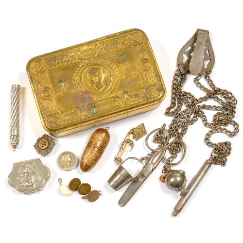 381 - A BRASS CHRISTMAS 1914 TIN, A VICTORIAN PIERCED STEEL CHATELAINE HOOK WITH FOUR CHAINS AND APPENDAGE... 