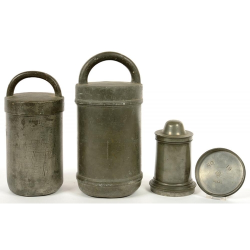 410 - A VICTORIAN PEWTER TURRET SHAPED ICE CREAM MOULD AND COVER AND TWO GRADUATED ROUNDED CYLINDRICAL ICE... 