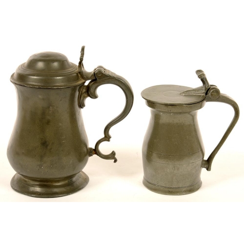 411 - AN 18TH C ENGLISH PINT BUD BALUSTER TANKARD, PERHAPS WEST COUNTRY, 15.5CM H AND A PEWTER QUART BALUS... 