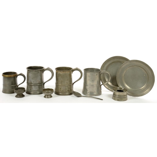 415 - FOUR ENGLISH PEWTER TAVERN MEASURES, EARLY - MID 19TH C, PINT AND QUART, ONE WITH CHAMFERED BRASS RI... 