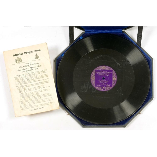 419 - AN UNUSUAL COMMEMORATIVE 78 RPM RECORD OF THE SPEECH OF KING GEORGE V AT THE OPENING CEREMONY OF THE... 