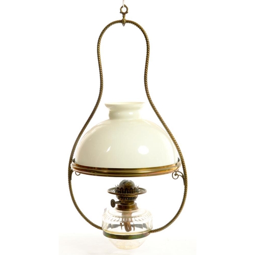 420 - A LATE VICTORIAN BRASS ROPE FRAMED HANGING OIL LAMP WITH CUT GLASS FOUNT AND A WHITE GLASS SHADE, 70... 