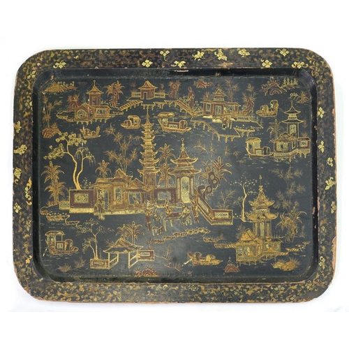 421 - A VICTORIAN CHINOISERIE DECORATED PAPIER MACHE TEA TRAY, 57 X 75CM, C1840 