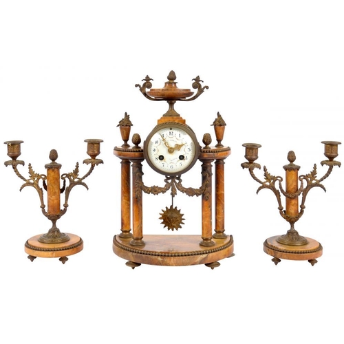 424 - A FRENCH ORMOLU MOUNTED SIENNA MARBLE GARNITURE DE CHEMINEE, LATE 19TH C, the colonnade clock with d... 