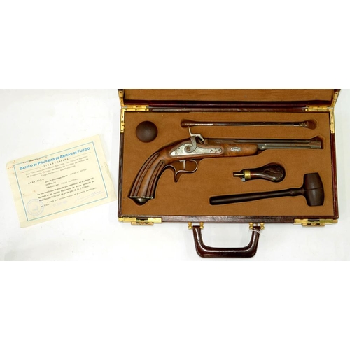 448 - A SPANISH REPRODUCTION PERCUSSION PISTOL AND ACCOUTREMENTS IN MAROON LEATHER CASE, C1980