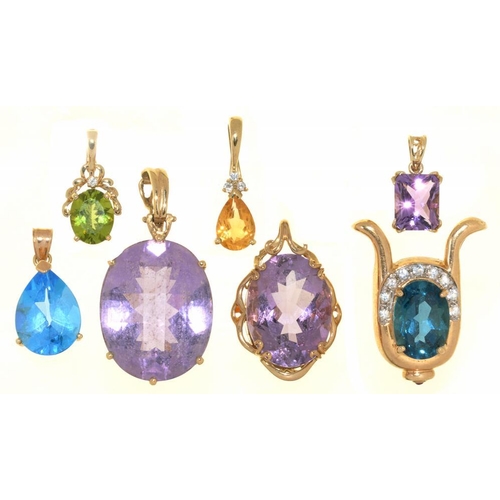 62 - SEVEN GEM SET PENDANTS IN 9CT GOLD AND GOLD MARKED 9K, COMPRISING A PERIDOT AND DIAMOND PENDANT, A C... 