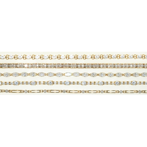 64 - TWO DIAMOND BRACELETS IN GOLD MARKED 10K, 10.5G AND THREE GEM SET BRACELETS IN 14CT GOLD, 25G... 