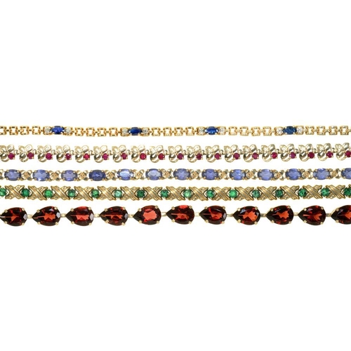 65 - FIVE GEM SET BRACELETS IN 9CT GOLD, COMPRISING A SAPPHIRE AND DIAMOND BRACELET, A RUBY BRACELET, A T... 