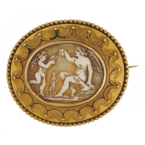 78A - A SHELL CAMEO BROOCH, MID 19TH C, of gods at play, in gold cannetille mount, 4 x 3.5 cm, 9.5g... 