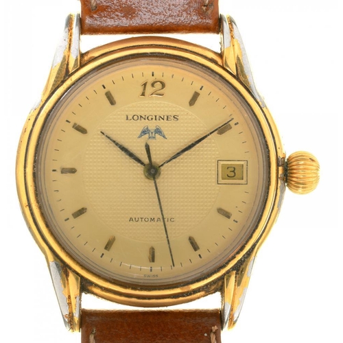 97 - A LONGINES AUTOMATIC GOLD PLATED GENTLEMAN'S WRISTWATCH, LEATHER STRAP, 35 MM DIAMETER, CASED... 