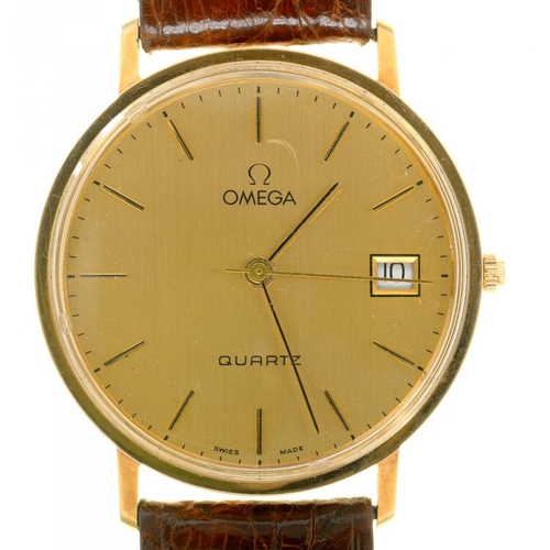 98 - AN OMEGA 9CT GOLD QUARTZ GENTLEMANS WRISTWATCH, ON A LEATHER STRAP, 34 MM DIAMETER, CONVENTION MARKE... 