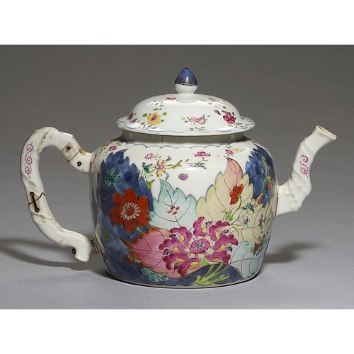 549 - A CHINESE TOBACCO LEAF PATTERN TEAPOT AND A COVER, C1770  of shouldered form with moulded spout and ... 