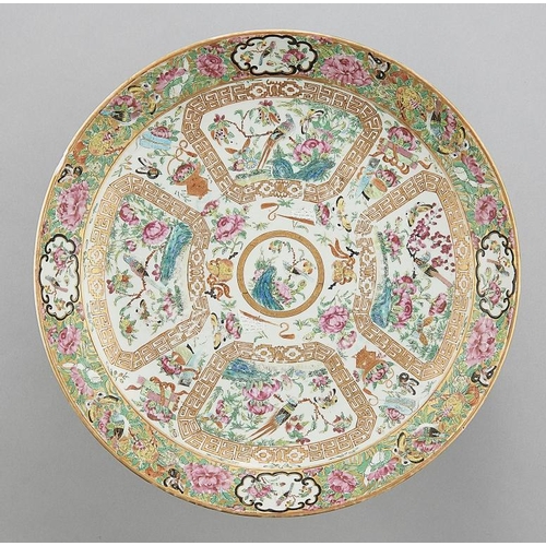 552 - A   CANTON FAMILLE ROSE DISH, 19TH C  enamelled with four principal panels of birds on a branch, 33.... 