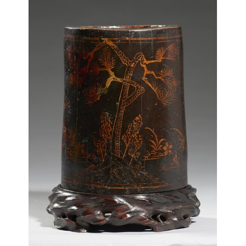 554 - A CHINESE LACQUERED BAMBOO BRUSH POT, 19TH C decorated with a continuous landscape with deer, phoeni... 