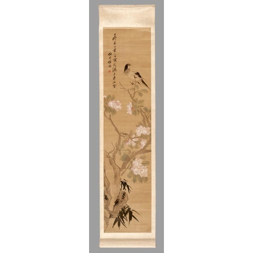 556 - REN YI (1840-96), (AFTER ) BIRD AND FLOWERING TREE  ink and colour on paper, hanging scroll, 28.5 x ... 