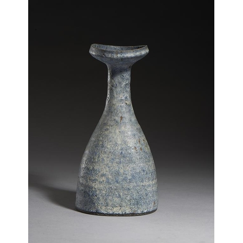 566 - DAME LUCIE RIE, DBE (1902-1995) STONEWARE FLOWER VASE C1960-64   of squeezed oval, two piece form, t... 