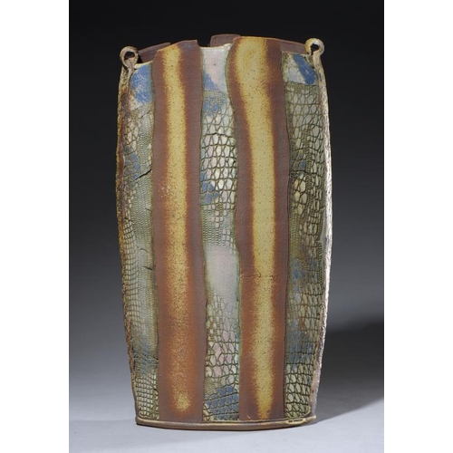 569 - JAMES ROBISON (1939-) HAND BUILT SLAB STONEWARE VASE  52cm h painted 87121