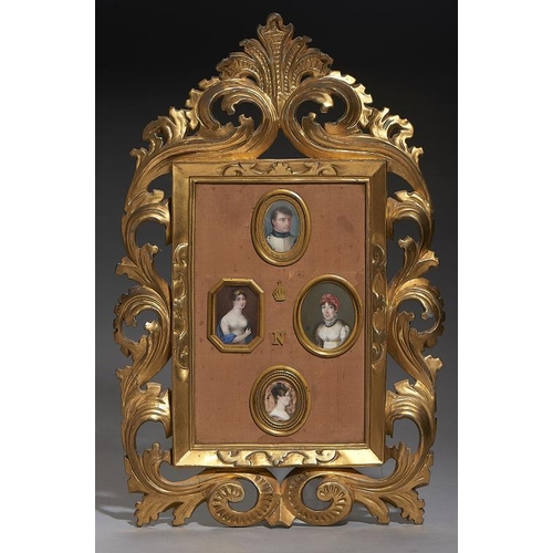 570 - A CARVED AND GILDED FRAME OF FRENCH PORTRAIT MINIATURES OF NAPOLEON AND THREE IMPERIAL LADIES, EARLY... 