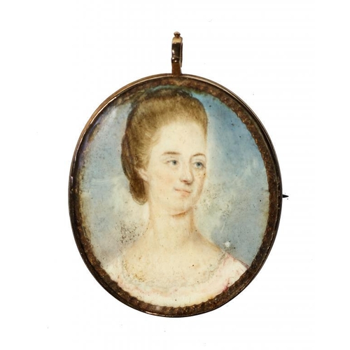 574 - ENGLISH SCHOOL, LATE 18TH CENTURY A LADY  ivory, oval, 35 x 29mm, gold locket, the back engraved wit... 