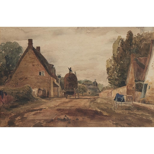 588 - DAVID COX THE YOUNGER, ARWS (1809-1885) A VILLAGE SCENE WITH HAY WAGON OUTSIDE AN INN  signed, water... 