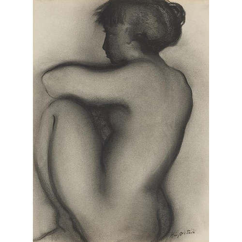 593 - 20TH CENTURY SCHOOL SEATED NUDE indistinctly signed, charcoal, 62 x 46cm