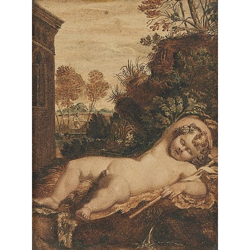 594 - BRITISH (?) SCHOOL, EARLY 19TH C THE INFANT ST JOHN THE BAPTIST; CLASSICAL WOODED LANDSCAPE WITH PAN... 