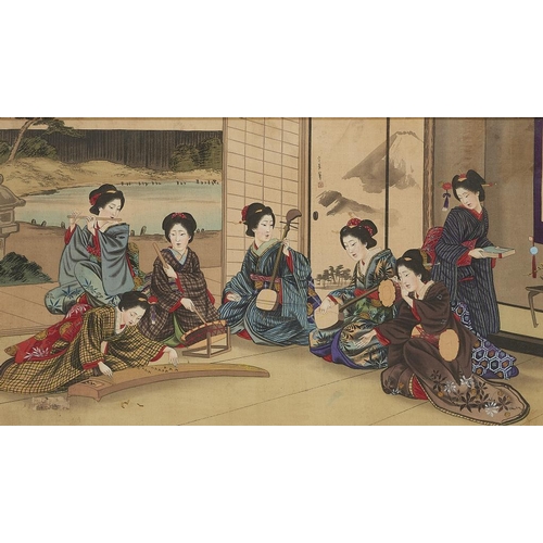 598 - AFTER KUSUM MORIKAGE  SEVEN GEISHAS  watercolour on silk, 36.5 x 64cm 