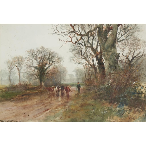 600 - HENRY CHARLES FOX, RBA (1860-1929) DRIVING CATTLE ON A WET DAY  signed an dated 1907 watercolour, 37... 