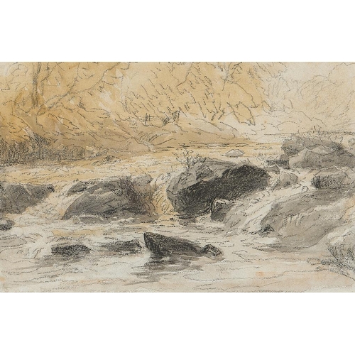 615 - DAVID COX, OWS (1783-1859) A ROCK STREWN TORRENT pencil and wash, 17.,5 x 26.5cm and an unframed dra... 