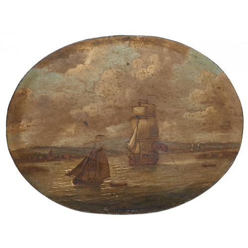 626 - ENGLISH SCHOOL, 29TH CENTURY  SHIPPING IN AN ESTUARY  oil on copper, oval, 7.5 x 10cm