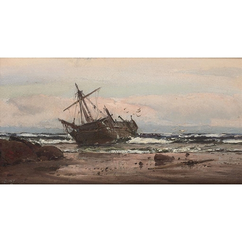 630 - ENGLISH SCHOOL, 19TH CENTURY A SHIPWRECKindistinctly signed with initials, oil on board, 15 x 29cm... 