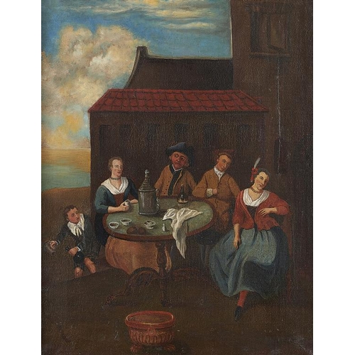 632 - NORTHERN EUROPEAN NAIVE PAINTER, EARLY 19TH C CONVERSATION PIECE  with a family and their servant ar... 