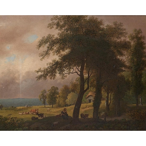 636 - FOLLOWER OF JEAN FRANCOIS HUE A WOMAN TENDING ANIMALS IN PARKLAND  oil on canvas, 42 x 52cm... 