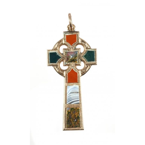 64 - A VICTORIAN GOLD AND SCOTTISH HARDSTONE CELTIC CROSS PENDANT, LATE 19TH C the back engraved with scr... 