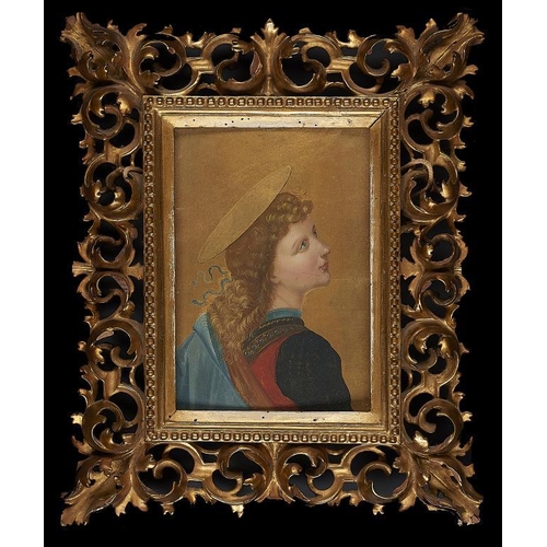 642 - ITALIAN COPYIST, 19TH C THE HEAD OF AN ANGEL oil on gold ground panel, 20 x 15cm, Florentine giltwoo... 